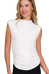 Zenana Double Layered Ruched Side Mock Neck Top WHITE OutfitFlow