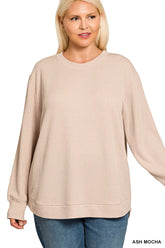 Zenana Full Size Raised Rib Round Neck Long Sleeve Top Plus Size ASH MOCHA OutfitFlow