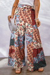 Full Size Drawstring Printed Wide Leg Pants Apricot OutfitFlow