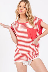 Ces Femme Side Slit Striped Cap Sleeve T-Shirt Red OutfitFlow