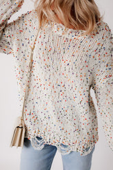 Confetti Distressed Hem Long Sleeve Sweater White OutfitFlow