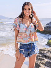 Printed Sweetheart Neck Layered Short Sleeve Blouse Watermelon pink OutfitFlow