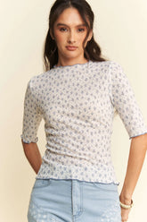 Davi & Dani Lace Stretch Floral Marrow Edge Half Sleeve Top WHITE BLUE MULTI OutfitFlow