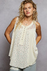 POL Floral Print Button-Front Lace Patchwork Tank Top NATURAL MULTI OutfitFlow