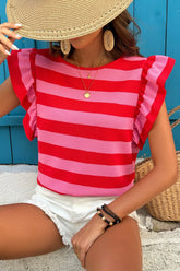 Striped Ruffle Sleeve Summer T-Shirt Strawberry OutfitFlow