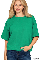 Zenana Double Knit Banded Bottom Short Sleeve Top K GREEN OutfitFlow