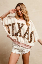 BiBi Leopard Print Texas Patchwork Overlock Stitch Top OATMEAL D.ROSE OutfitFlow