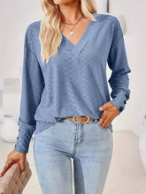 Plus Size V-Neck Textured Long Sleeve T-Shirt Dusty Blue OutfitFlow