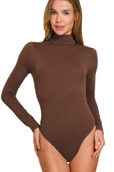 Zenana Mock Neck Long Sleeve Bodysuit MAHOGANY OutfitFlow