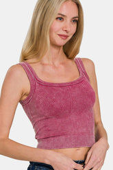 Zenana Washed Ribbed Scoop Neck Wide Strap Tank Burgundy OutfitFlow