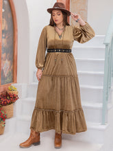 Plus Size Frill Tie Neck Long Sleeve Dress Camel OutfitFlow