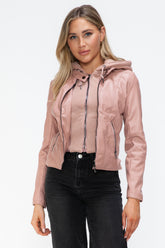 Snobbish Faux Leather Zip Up Drawstring Hooded Jacket Mauve OutfitFlow