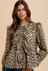 Annie Wear Tied Leopard Round Neck Peplum Blouse Mocha OutfitFlow