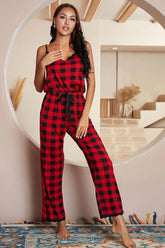 Plaid Lace Trim Spaghetti Strap Jumpsuit Red OutfitFlow