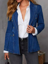 Collared Neck Long Sleeve Denim Jacket Dark OutfitFlow
