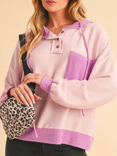 Corded Color Block Drawstring Hoodie Pink OutfitFlow