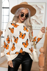 Butterfly Round Neck Long Sleeve Sweater Ivory OutfitFlow