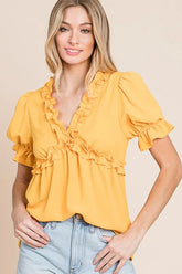 Lime 'N' Chili Solid Ruffled Deep V-Neck Puff Sleeve Babydoll Top MANGO OutfitFlow