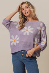 BiBi Floral Pattern Slit Sweater Lavender Ivory OutfitFlow