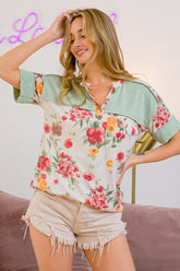 BiBi Floral Button Detail Round Neck Short Sleeve Terry T-Shirt OFF WHITE COMBO OutfitFlow