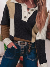 Multicolour Color Block Cable Knit Sleeve Buttons Collared Sweater Taupe OutfitFlow