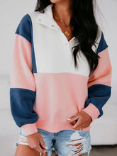 Colorblock Patchwork Half Button Baggy Sweatshirt Dusty Pink OutfitFlow