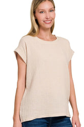 Zenana Double Gauze Round Neck Folded Short Sleeve Top SAND BEIGE OutfitFlow