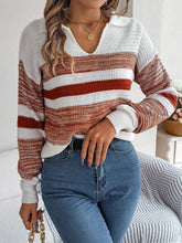 Striped Collared Neck Long Sleeve Sweater Terracotta OutfitFlow