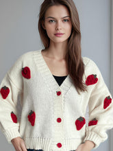 Crochet Strawberry V-Neck Long Sleeve Cardigan Scarlet One Size OutfitFlow