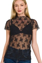 Zenana Lace See-through Layering Short Sleeve Top BLACK OutfitFlow