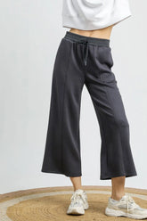 Umgee Drawstring Wide Leg Cropped Pants Dark Gray OutfitFlow