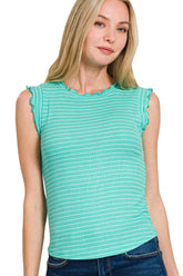 Zenana Ribbed Ruffle Trim Sleeveless Stripe Top MINT WHITE OutfitFlow
