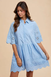 Annie Wear Embroidered Scallop Edge Detail Mini Shirt Dress SKY OutfitFlow