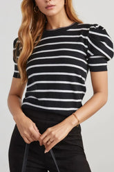 Stripe Ribbed Trim Round Neck Bubble Sleeve Knitted Top Black OutfitFlow