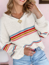 Multicolored Striped Accent Hooded Popcorn Sweater White OutfitFlow