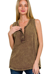 Zenana Washed Half-Button Raw Edge Sleeveless Henley Top MAHOGANY OutfitFlow