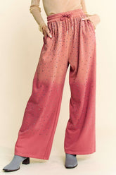 Davi & Dani Rhinestone Drawstring Wide Leg Pants Deep Rose OutfitFlow