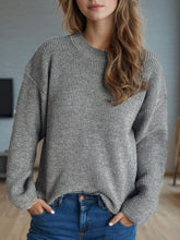 Solid Color Round Neck Long Sleeve Sweater Gray One Size OutfitFlow