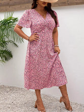 Plus Size Printed V-Neck Short Sleeve Midi Dress Pink OutfitFlow