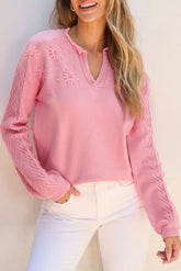 Daisy Notched Long Sleeve Sweater Blush Pink S OutfitFlow
