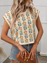 Flower Round Neck Short Sleeve Knit Top Tan OutfitFlow