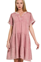 Zenana Washed Double Gauze Raw Edge V-Neck Dress LT ROSE OutfitFlow