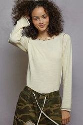 POL Round Neck Long Sleeve Contrast Stitching T-Shirt with Stud Detail Cream OutfitFlow