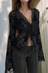 Double Tied Long Sleeve Blouse Black OutfitFlow