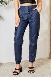Kancan High Waist Faux Leather Cargo Joggers Dark Blue OutfitFlow