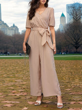 Perfee Tied Short Sleeve Wide Leg Jumpsuit Tan OutfitFlow
