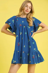 Umgee Floral Embroidered Short Sleeve Mini Dress Dark Blue OutfitFlow
