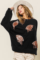 BiBi Sequin Fringe Football Patch Round Neck Sweatshirt Black Bronze OutfitFlow