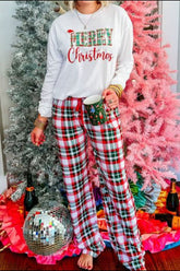 MERRY CHRISTMAS Round Neck Top and Plaid Pants Set Multicolor OutfitFlow