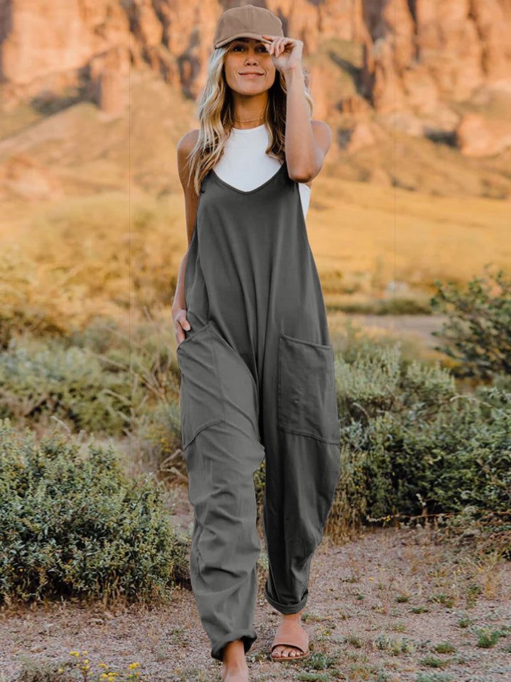 Double Take Full Size Sleeveless V-Neck Pocketed Jumpsuit Dark Gray OutfitFlow